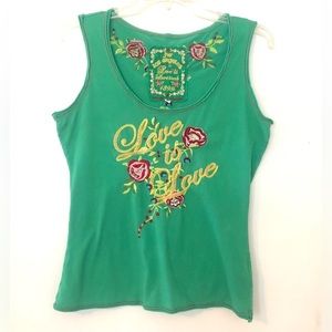 Johnny Was Green Love is Love embroidered Tank Top Size M